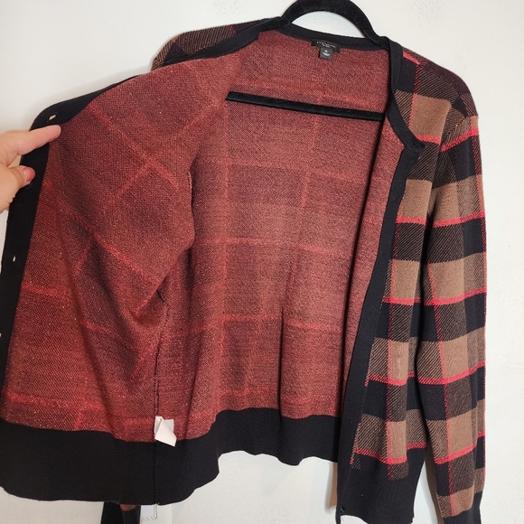 Ann Taylor Metallic Red Black Brown Plaid Button Knit Sweater Cardigan Cotton XL - Picture 16 of 16